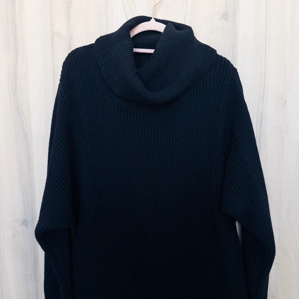 Banana Republic Women Tunic Sweater XL Black Cowl Neck Ribbed Heavy Knit Classic